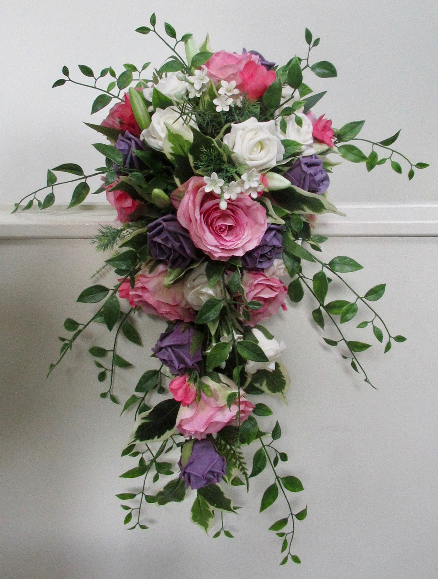 Beautiful Lifelike Bridal Shower Bouquet - Pink silk roses with ivory & purple polyfoam roses, mini stephanotis, various foliage and mini leaf sprays - handle wrapped in choice of colour satin ribbon or hessian, lace or twine.